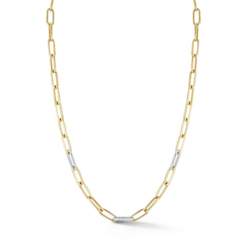 Paperclip Solid Gold Link Necklace with 3 Diamond Pave Links - NP21-015YB/3