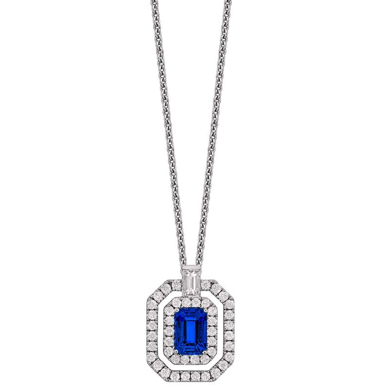18K White Gold Sapphire and Diamond Halo Necklace By Providence Diamond Collection