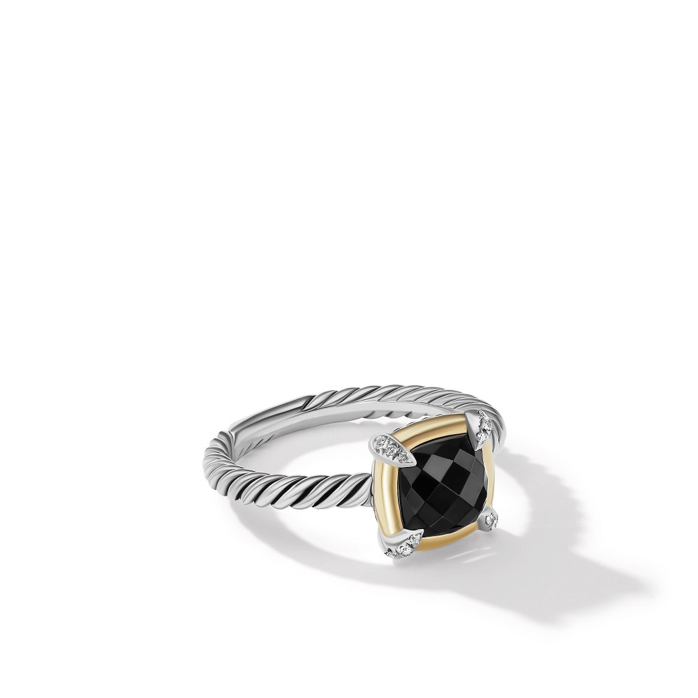 Petite Chatelaine® Ring with Black Onyx, 18K Yellow Gold Bezel and Pave Diamonds