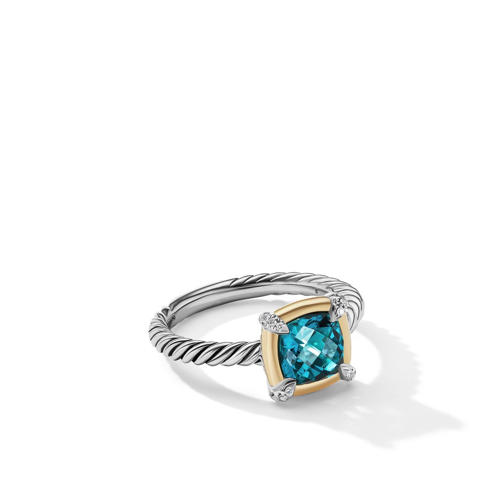 Petite Chatelaine® Ring with Hampton Blue Topaz, 18K Yellow Gold Bezel and Pave Diamonds
