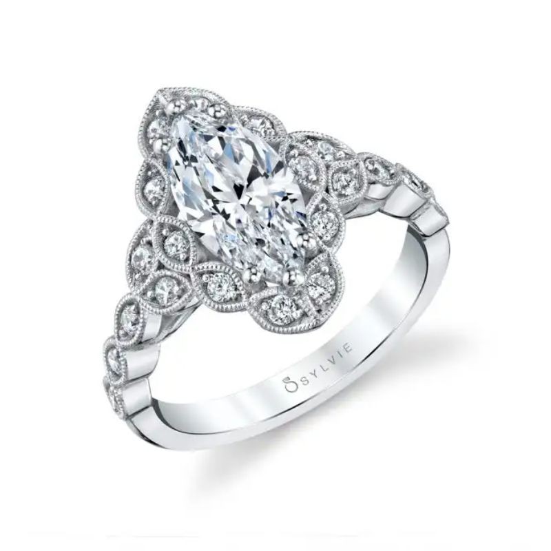 Sylvie Jori Vintage Inspired Flower Marquise Engagement Ring
