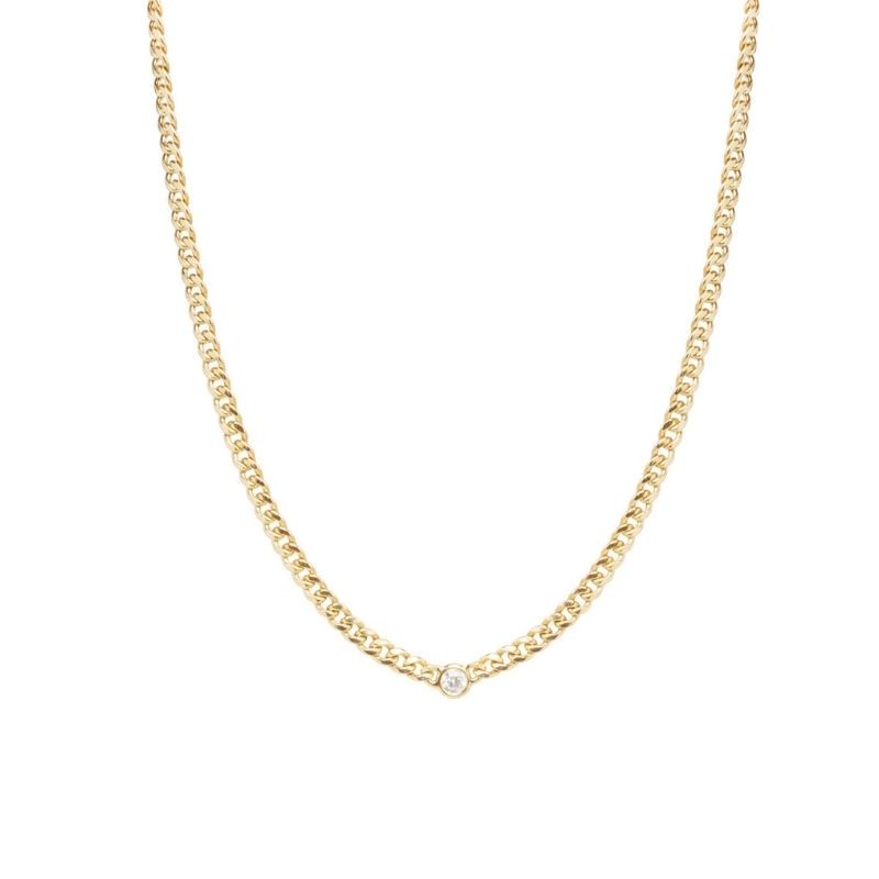 Zoe Chicco Small Curb Chain Necklace With A Single Dangling Prong Set White Diamond