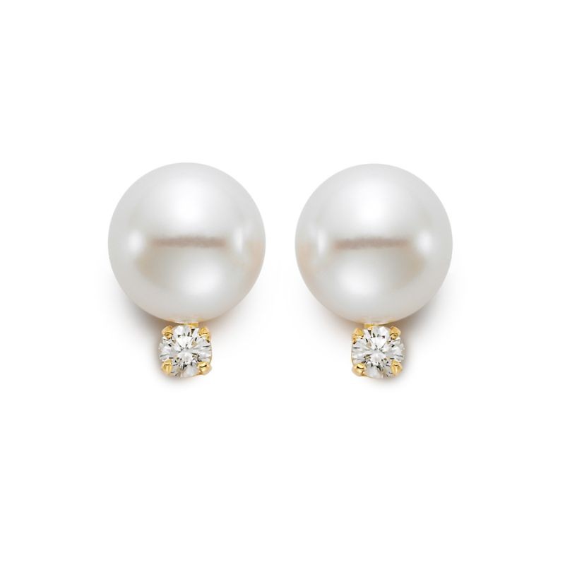 Mastoloni 10-10.5Mm White South Sea Pearl Earrings With 2 Diamonds 0.30 Tcw