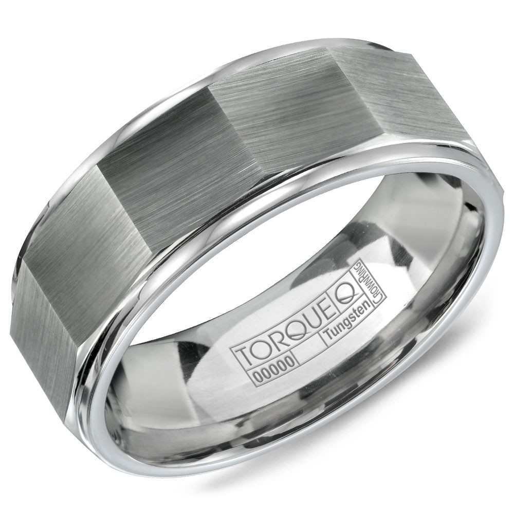 A tungsten Torque band with an architectural design.
