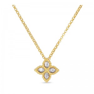 Roberto Coin  Yellow Gold Small Diamond Princess Flower Necklace