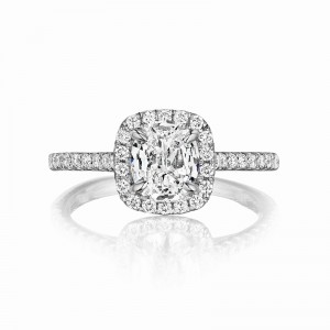 Henri Daussi cushion halo single shank diamond engagement ring featuring a Signature Daussi Cushion cut diamond.  Set in Platinum.