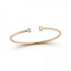 14K Rose Gold Open Bangle With 1 Round And 1 Emerald Cut Diamond By Providence Diamond Collection