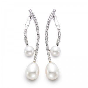 PD Collection  White Freshwater Pearl Drop Earrings With 56 Diamonds 0.60 Tcw