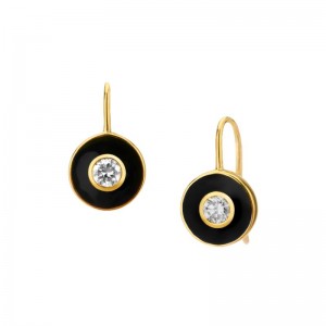 Syna 18K Diamond and  Black Enamel Disc Earrings