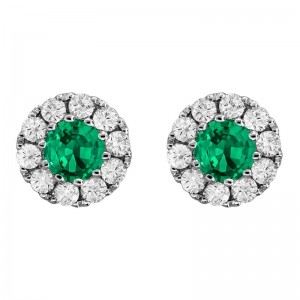 Providence Diamond Collection 18K White Gold Emerald  and Diamond Halo Earrings