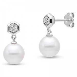 PD Collection 14k Diamond Hexagon and Pearl Drop Stud Earrings