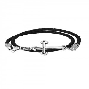 KB Ss Thin Double Wrapped Leather Cross Bracelet