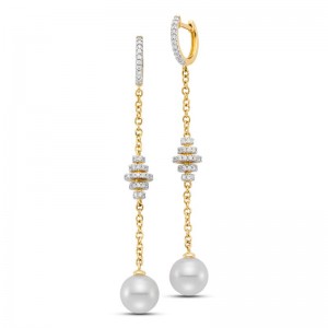Mastoloni 8-8.5Mm White Freshwater Pearl Chain Drop Earrings With 126 Diamonds 0.52