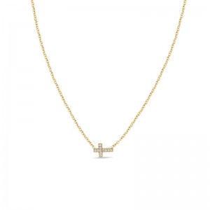 14k Diamond Midi Bitty Horizontal Pavé Cross Necklace By Zoe Chicco