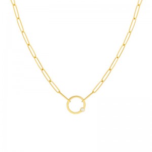 PD Collection 14K Yellow Gold Circle Pendant With Diamond Paperclip Necklace 20