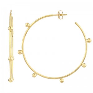 14K Yellow Gold Round Beaded Post Hoop Earrings By PD Collection