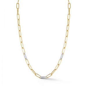 Paperclip Solid Gold Link Necklace with 3 Diamond Pave Links