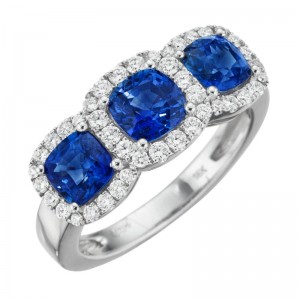 18K White Gold Sapphire and Diamond Halo 3 Stone Ring By Providence Diamond Collection