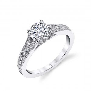 Sylvie 14K White Gold Vintage Inspired .30Ctw Semi Mount Engagement Ring  To Fit 1Ct Rbc