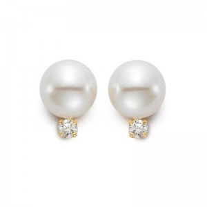 Mastoloni 10-10.5Mm White South Sea Pearl Earrings With 2 Diamonds 0.30 Tcw