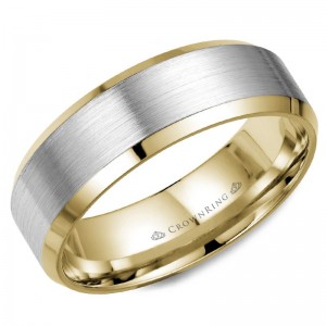 Crown Ring 14K  White Gold With  14K Yellow Gold Inlay 7Mm Sandpaper Center And High Polish Edge Mens Band Size 9
