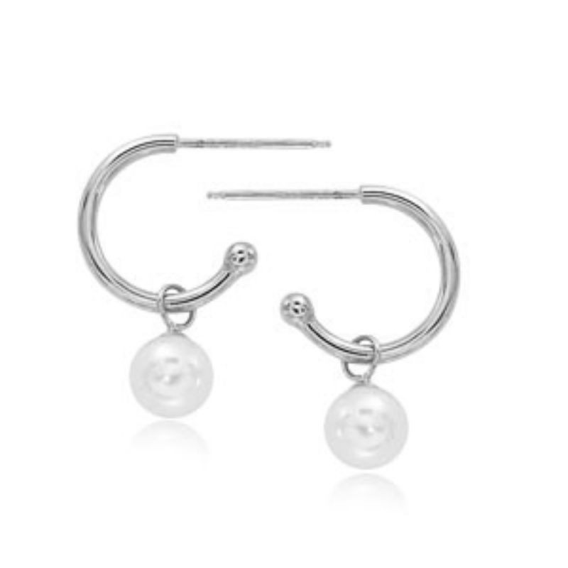Sterling Silver Freshwater Pearl Drop Hoop Earrings BY PD Collection