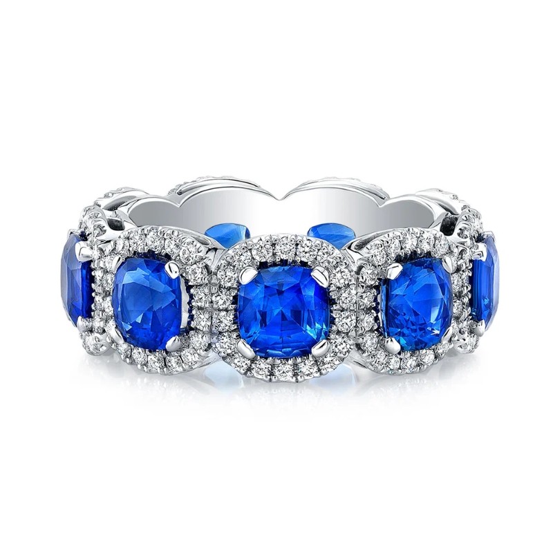 Cushion Cut Blue Sapphire Pave Halo Eternity Band