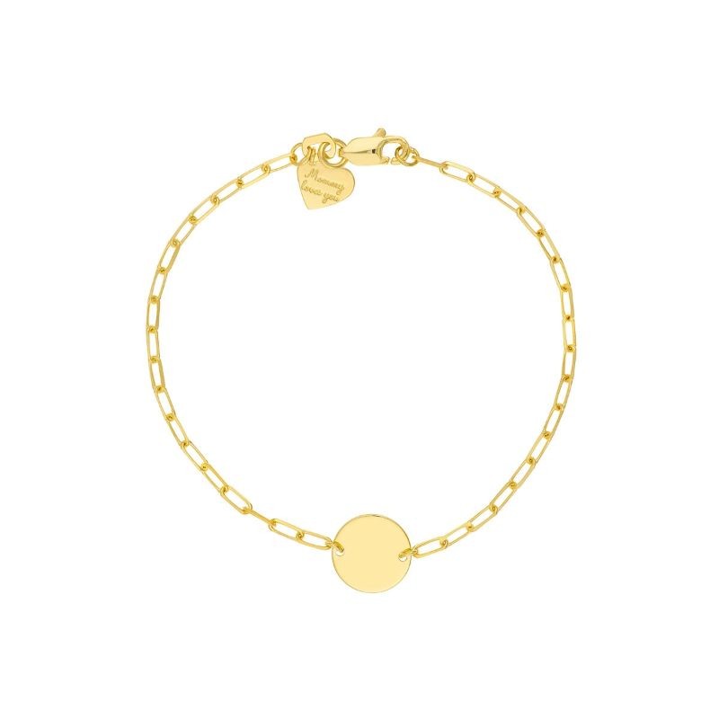 14K Yellow Gold Kids Paperclip Bracelet With Disc Charm By PD Collection