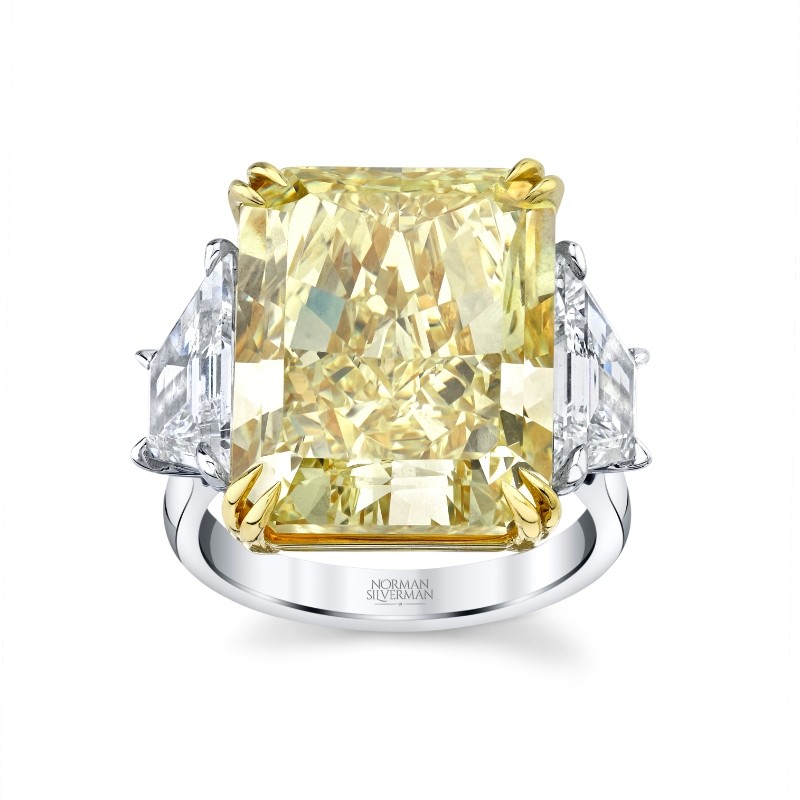 18.88 Carat Radiant Fancy Intense Yellow Diamond 3-stone Ring