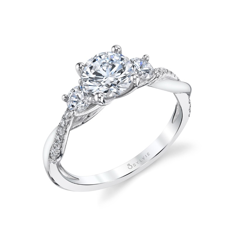 Round Cut Three Stone Spiral Engagement Ring - Evangeline