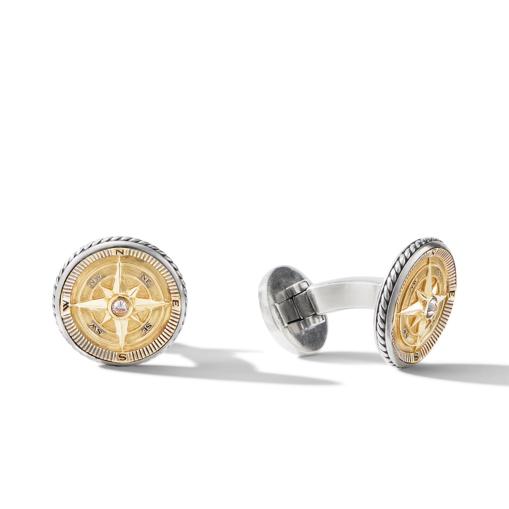 Maritime® Compass Cufflinks with 18K Yellow Gold and Center Diamond