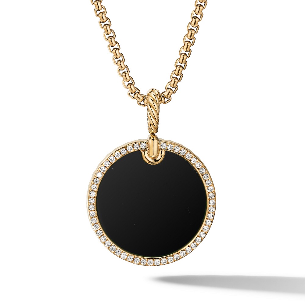 DY Elements Disc Pendant in 18K Yellow Gold with Black Onyx and Pave Diamond Rim