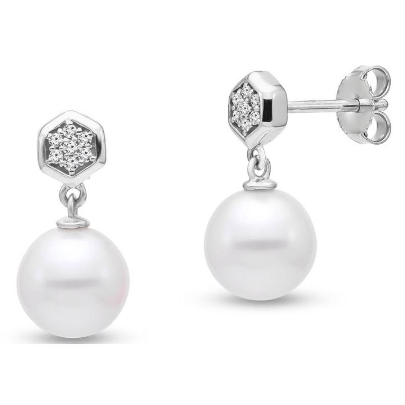 14k Diamond Hexagon and Pearl Drop Stud Earrings BY PD Collection