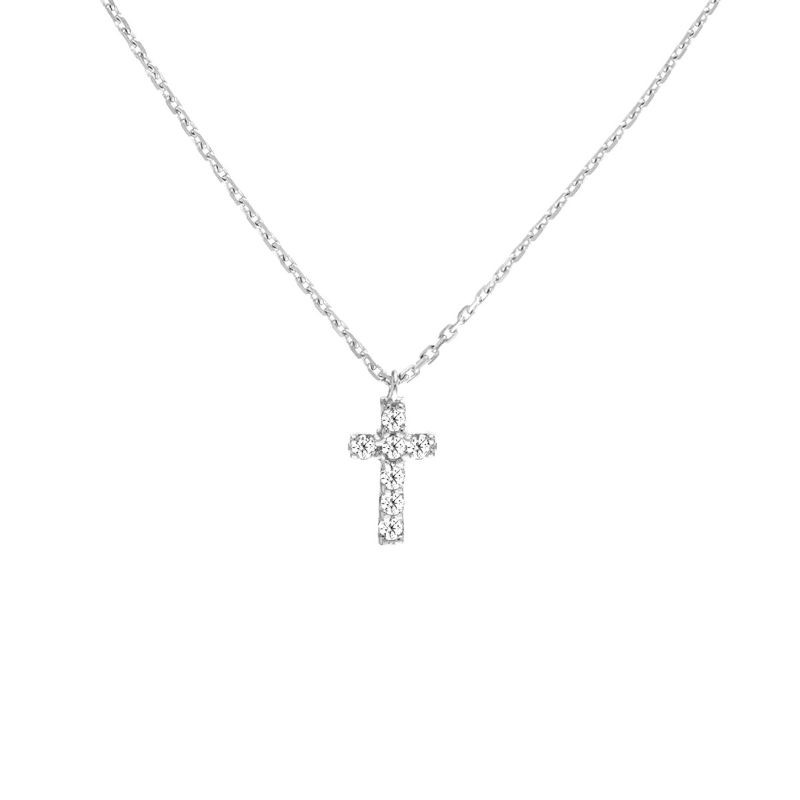 14K White Gold Diamond Mini Cross Pendant Necklace By PD Collection