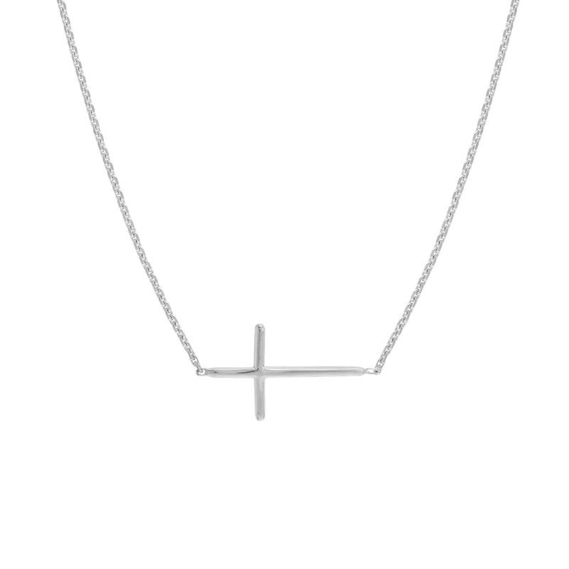 14K White Gold Sideways Mini Cross Necklace By PD Collection