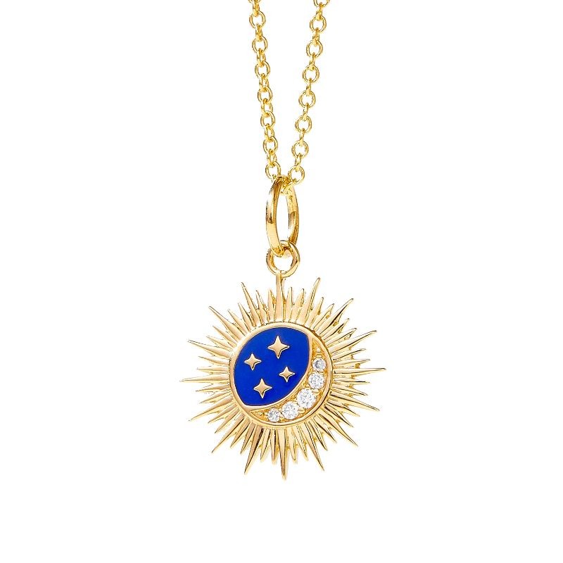 Cosmic Blue Enamel Sun And Moon Charm With Champagne Diamonds
