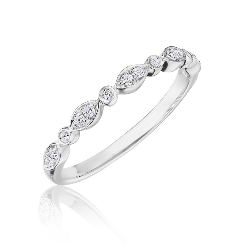 Henri Daussi white gold band featuring round brilliant bezel set white diamonds in a delicate marquise pattern