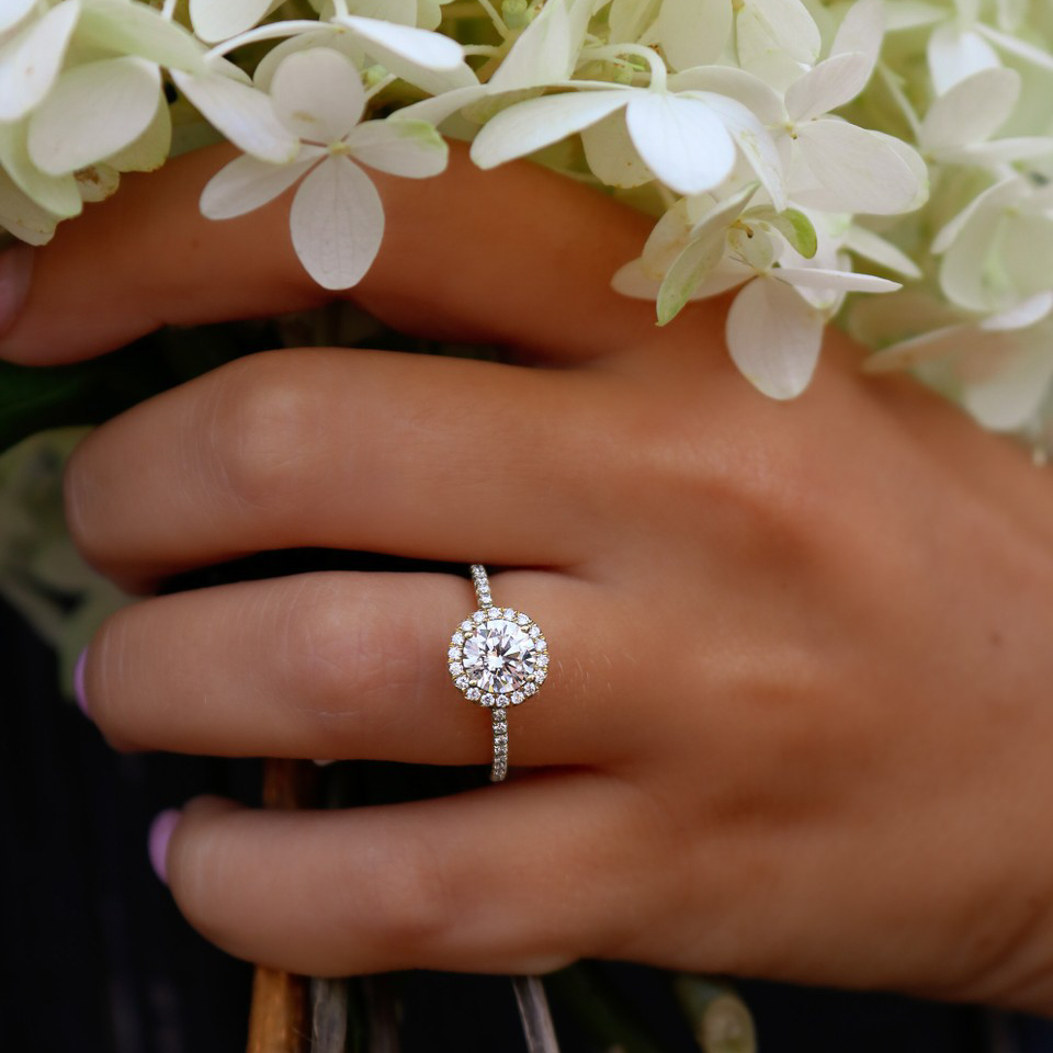 Round Diamond in a Halo Setting with a Diamond Eternity Band